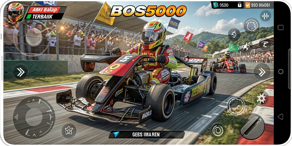 Tampilan gameplay BOS5000 yang intens dan seru saat balapan.