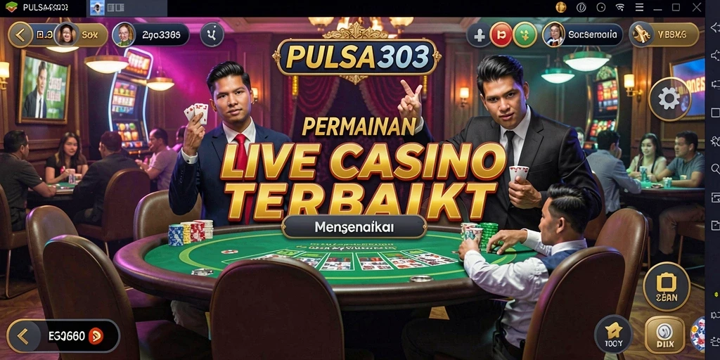 Screenshot gameplay PULSA303 yang menunjukkan dealer cantik dan permainan kasino langsung.